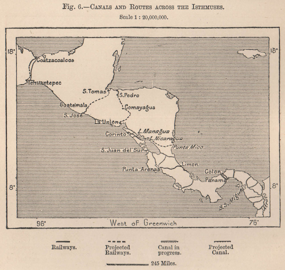 Canals and routes across the Isthmuses. Central America. Panama 1885 old map